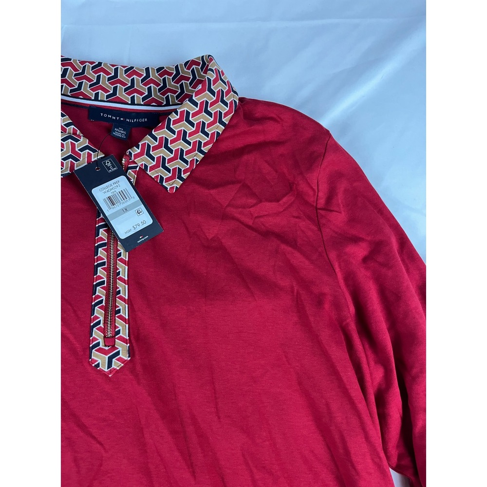Tommy Hilfiger 1X Womens Red Geometric Print Long Sleeve Polo‎ Shirt